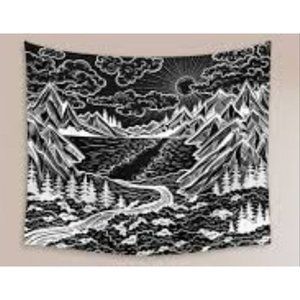 Black &white tapestry sun, mountains, river